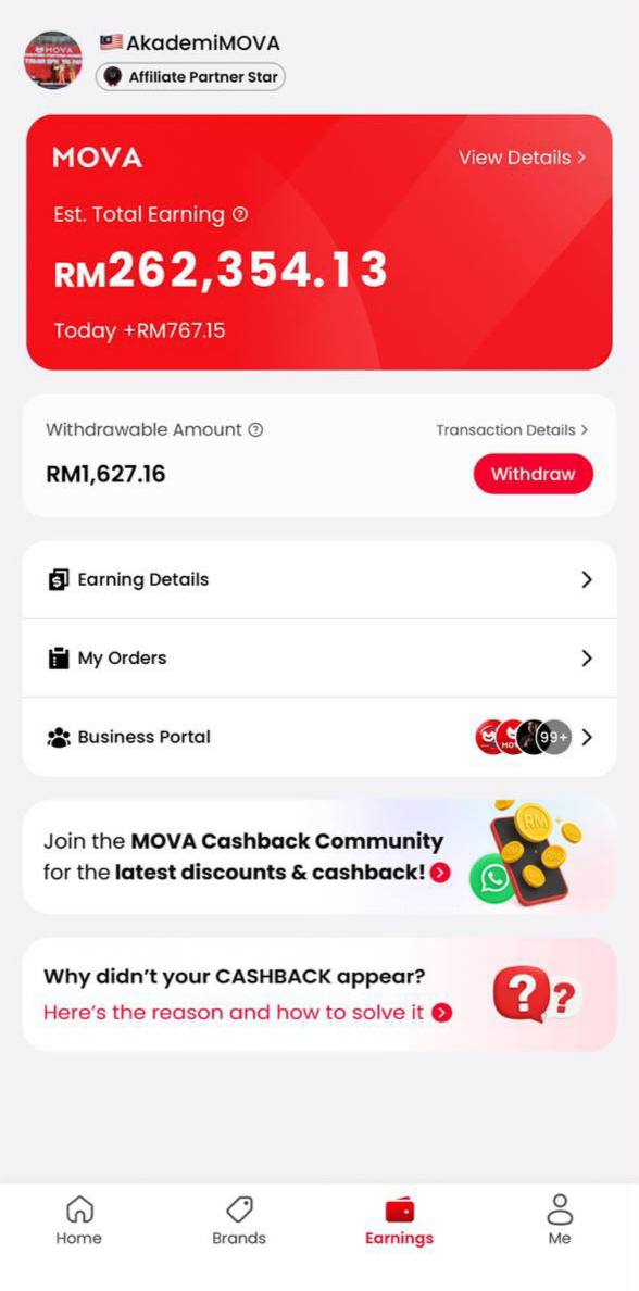 Paparan akaun AkademiMOVA dengan anggaran jumlah pendapatan RM262,354.13