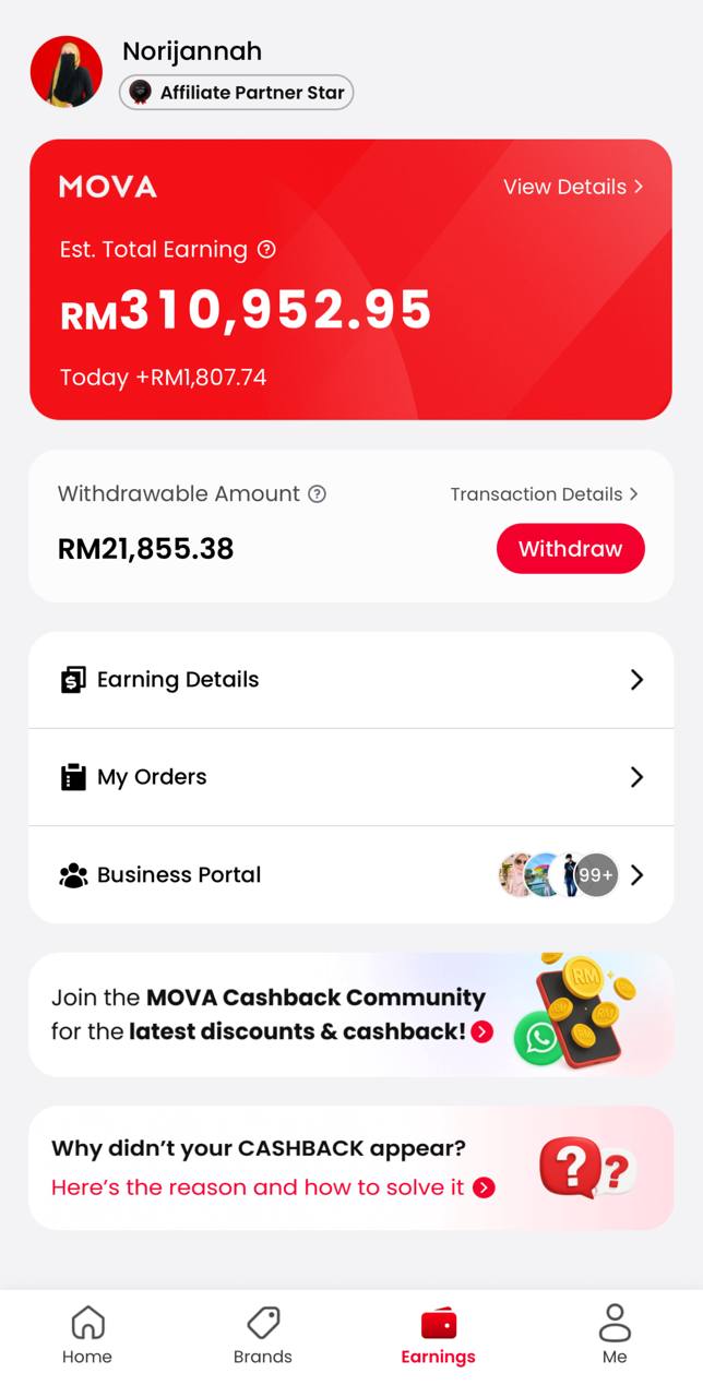 Paparan akaun Norijannah bertaraf Affiliate Partner Star dengan anggaran jumlah pendapatan RM310,952.95