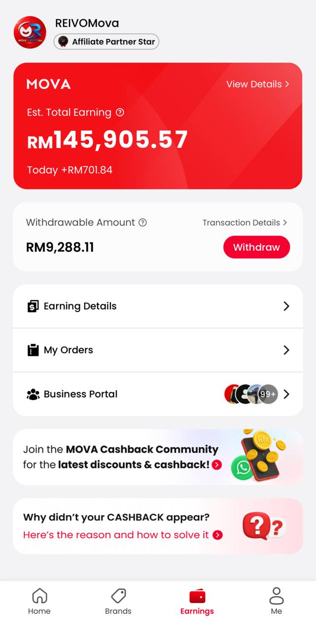 Paparan akaun REIVOMova bertaraf Affiliate Partner Star dengan anggaran jumlah pendapatan RM145,905.57
